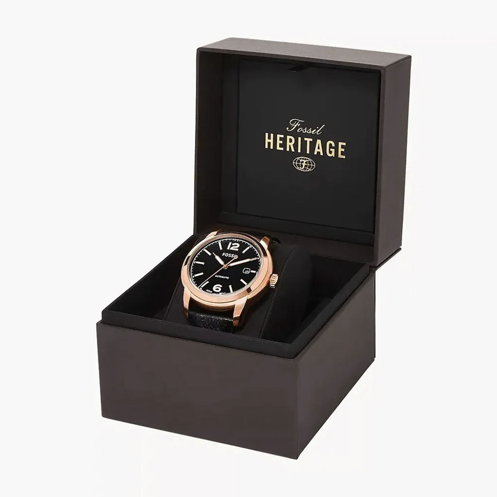 RELOJ FOSSIL HERITAGE ME3222 AUTOMÁTICO FECHA ACERO ORO ROSADO CUERO NEGRO - 6