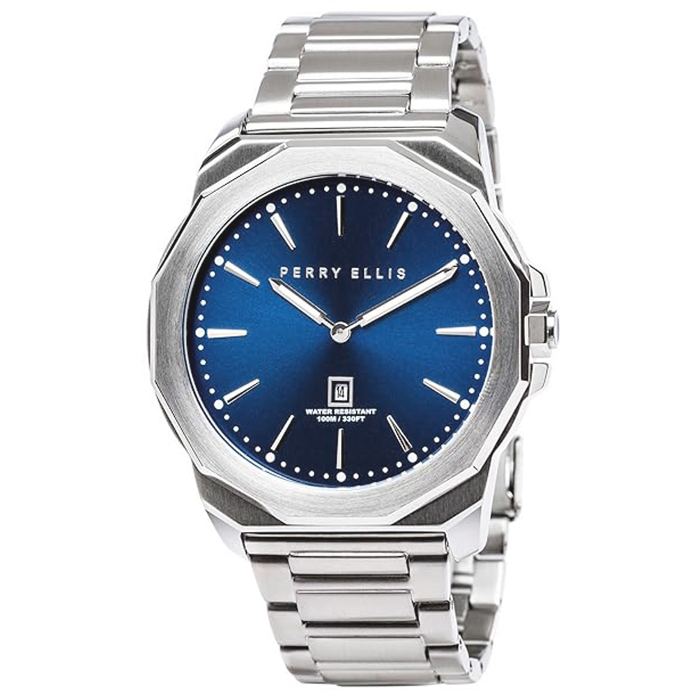 RELOJ PERRY ELLIS DECAGON 46 05002-02 FECHA ACERO INOXIDABLE DIAL AZUL - 1