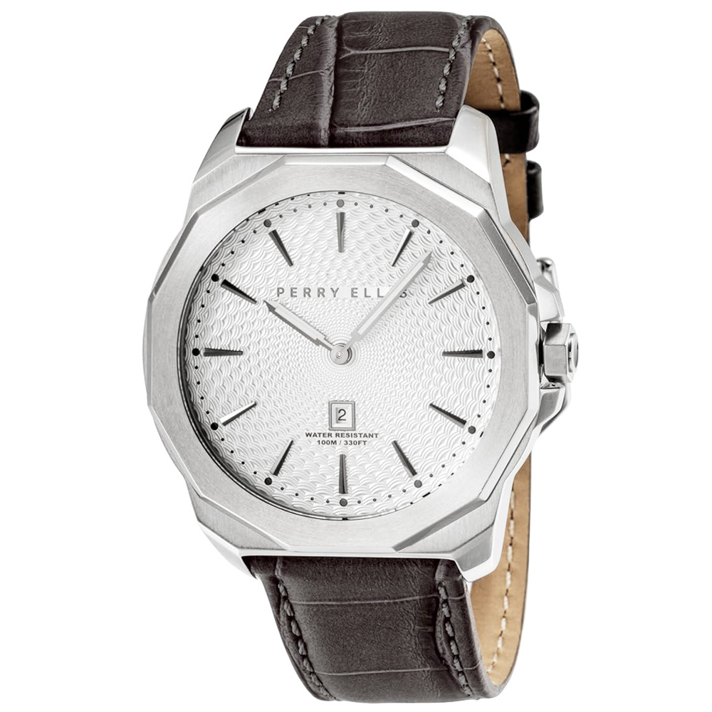 RELOJ PERRY ELLIS DECAGON 46 05007-01 FECHA CORREA CUERO MARRÓN DIAL BLANCO - 1