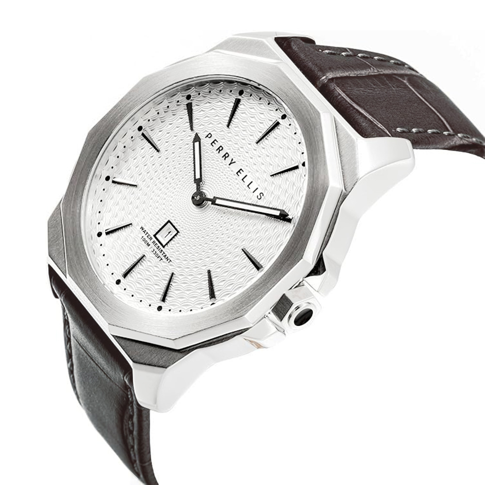 RELOJ PERRY ELLIS DECAGON 46 05007-01 FECHA CORREA CUERO MARRÓN DIAL BLANCO - 2