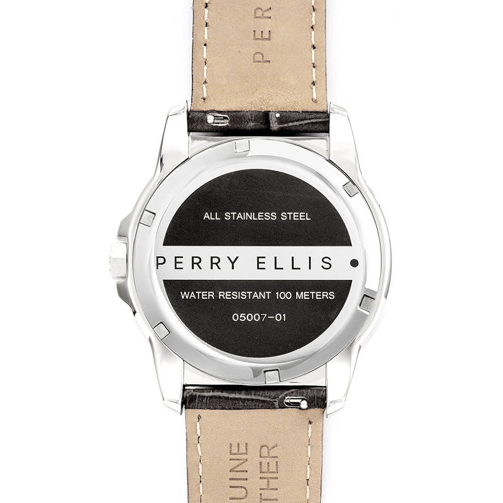 RELOJ PERRY ELLIS DECAGON 46 05007-01 FECHA CORREA CUERO MARRÓN DIAL BLANCO - 5