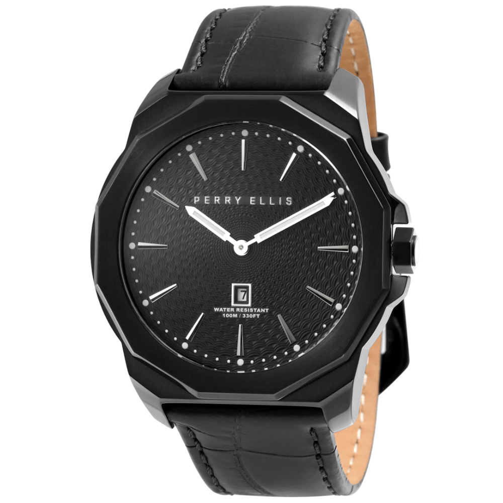 RELOJ PERRY ELLIS DECAGON 46 05006-01 FECHA ACERO INOXIDABLE CORREA CUERO NEGRO - 1