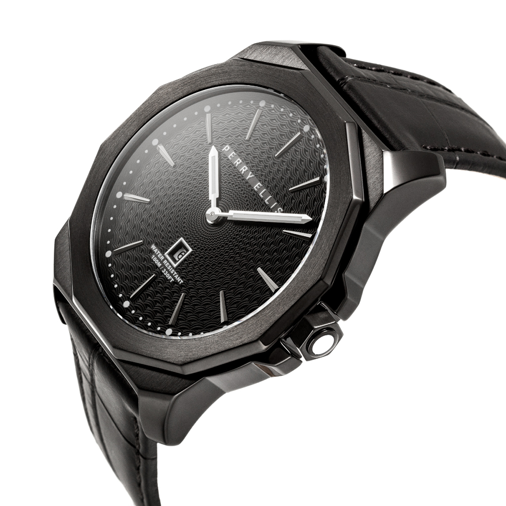 RELOJ PERRY ELLIS DECAGON 46 05006-01 FECHA ACERO INOXIDABLE CORREA CUERO NEGRO - 2