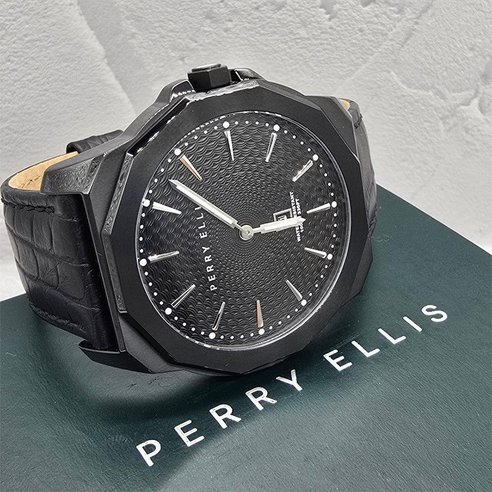 RELOJ PERRY ELLIS DECAGON 46 05006-01 FECHA ACERO INOXIDABLE CORREA CUERO NEGRO - 3