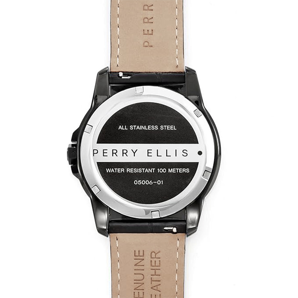 RELOJ PERRY ELLIS DECAGON 46 05006-01 FECHA ACERO INOXIDABLE CORREA CUERO NEGRO - 6