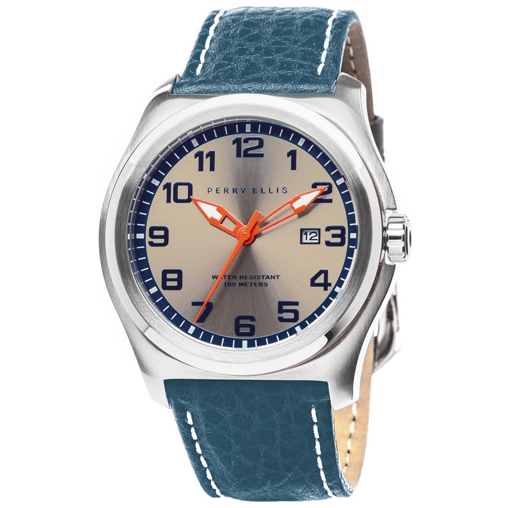 RELOJ PERRY ELLIS MEMPHIS 04004-01 FECHA CORREA CUERO AZUL DIAL BEIGE - 1
