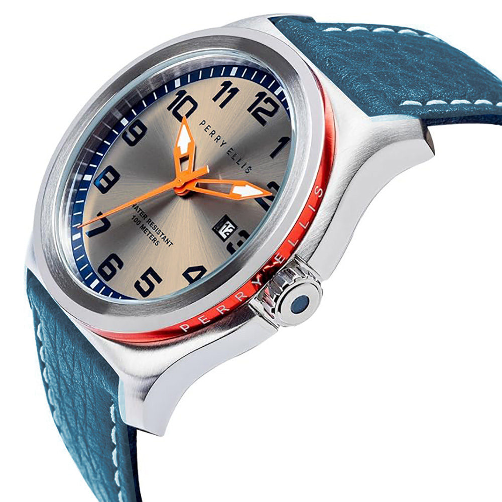 RELOJ PERRY ELLIS MEMPHIS 04004-01 FECHA CORREA CUERO AZUL DIAL BEIGE - 2
