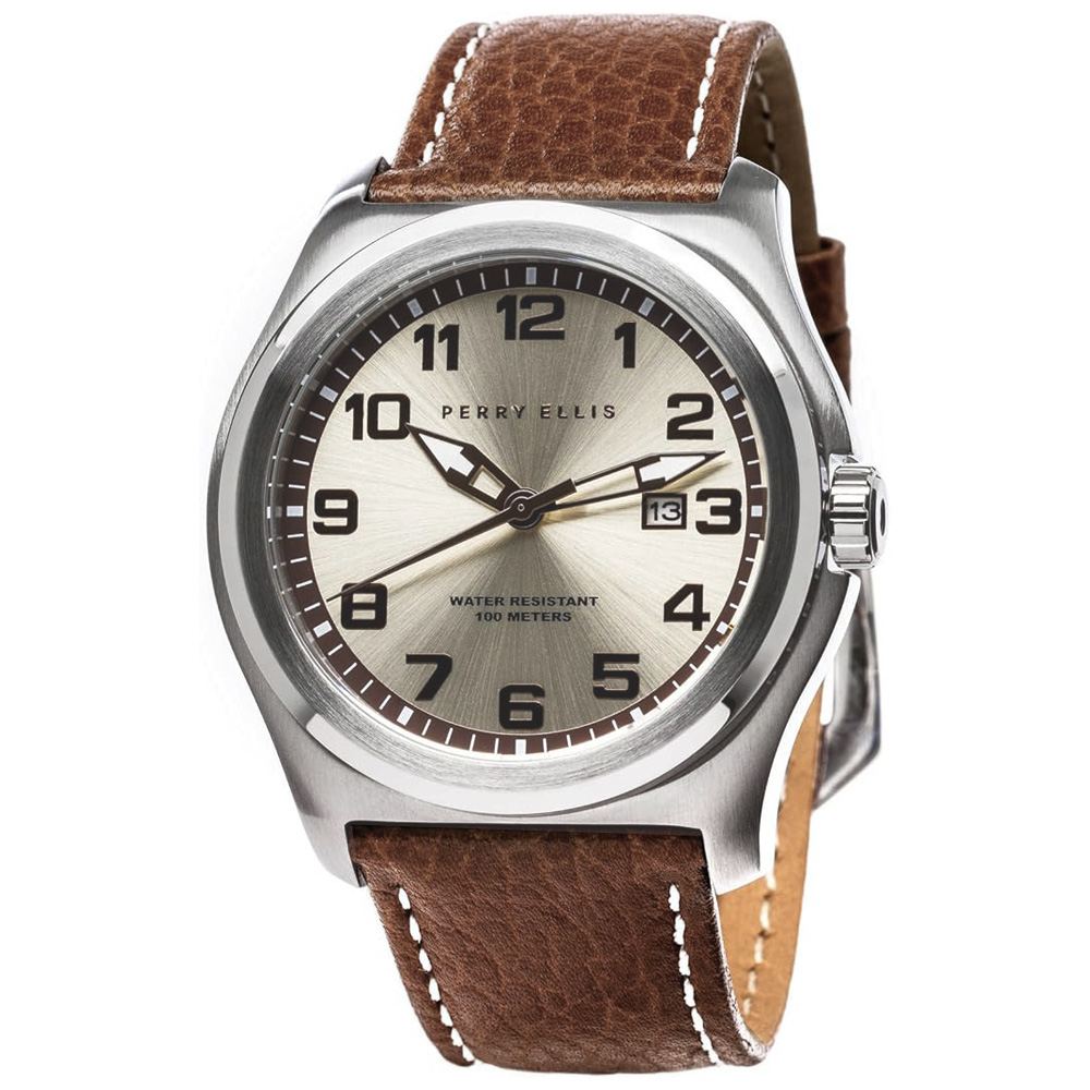 RELOJ PERRY ELLIS MEMPHIS 04003-01 FECHA CORREA CUERO MARRÓN DIAL BEIGE - 1