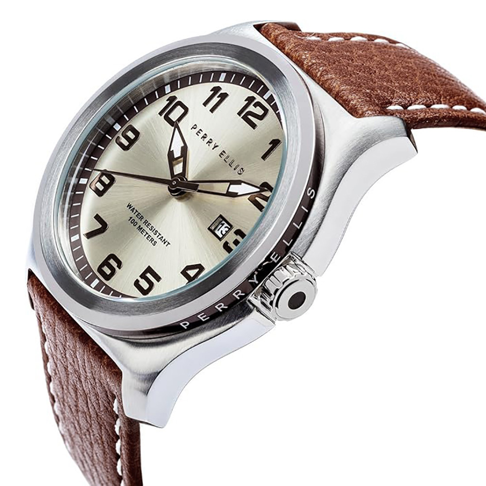 RELOJ PERRY ELLIS MEMPHIS 04003-01 FECHA CORREA CUERO MARRÓN DIAL BEIGE - 2