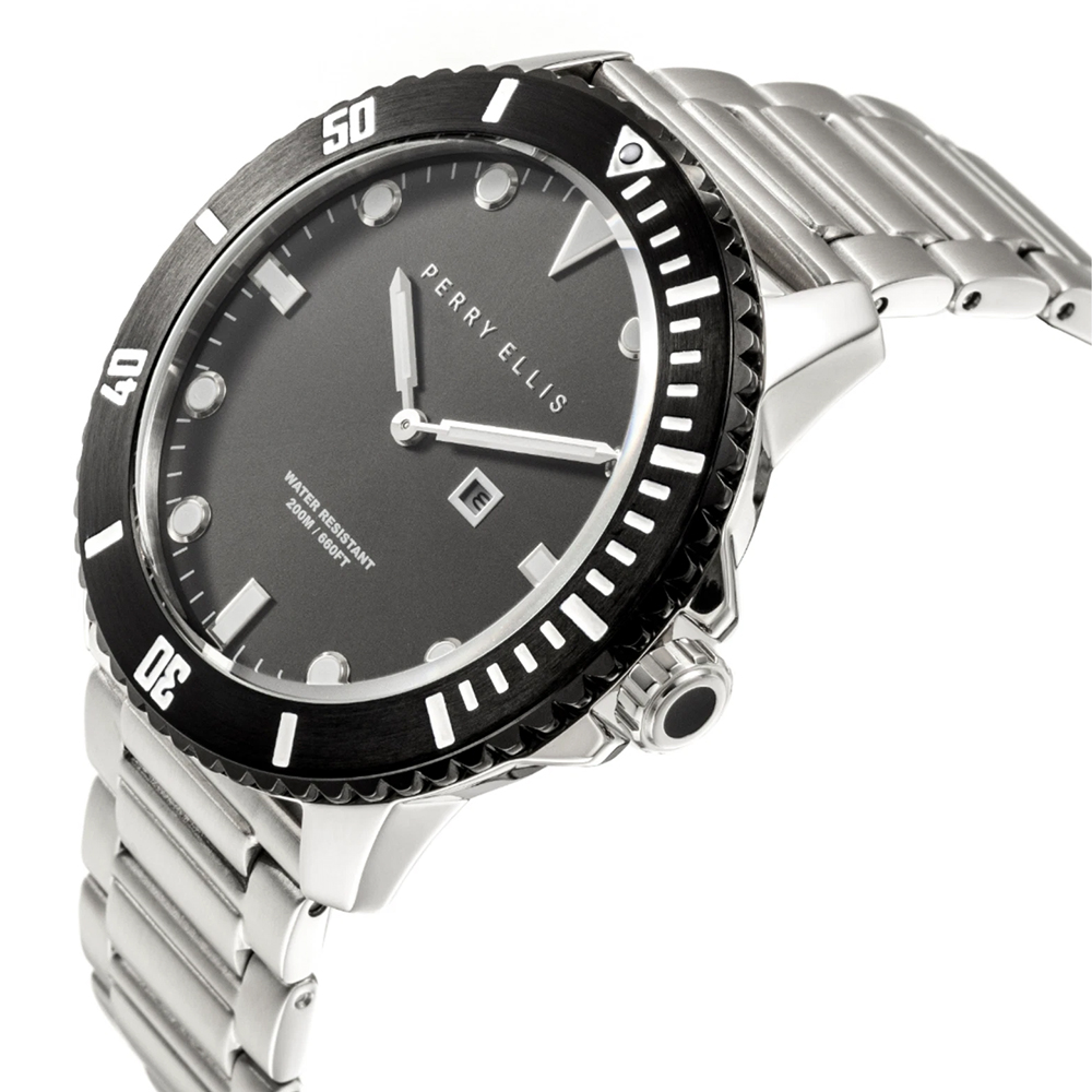 RELOJ PERRY ELLIS DEEP DIVER 46 02005-02 FECHA ACERO INOXIDABLE DIAL GRIS OSCURO - 2