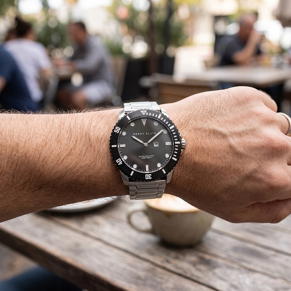 RELOJ PERRY ELLIS DEEP DIVER 46 02005-02 FECHA ACERO INOXIDABLE DIAL GRIS OSCURO - 3