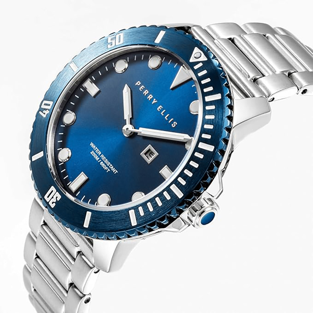 RELOJ PERRY ELLIS DEEP DIVER 46 02006-02 FECHA ACERO INOXIDABLE DIAL AZUL - 2
