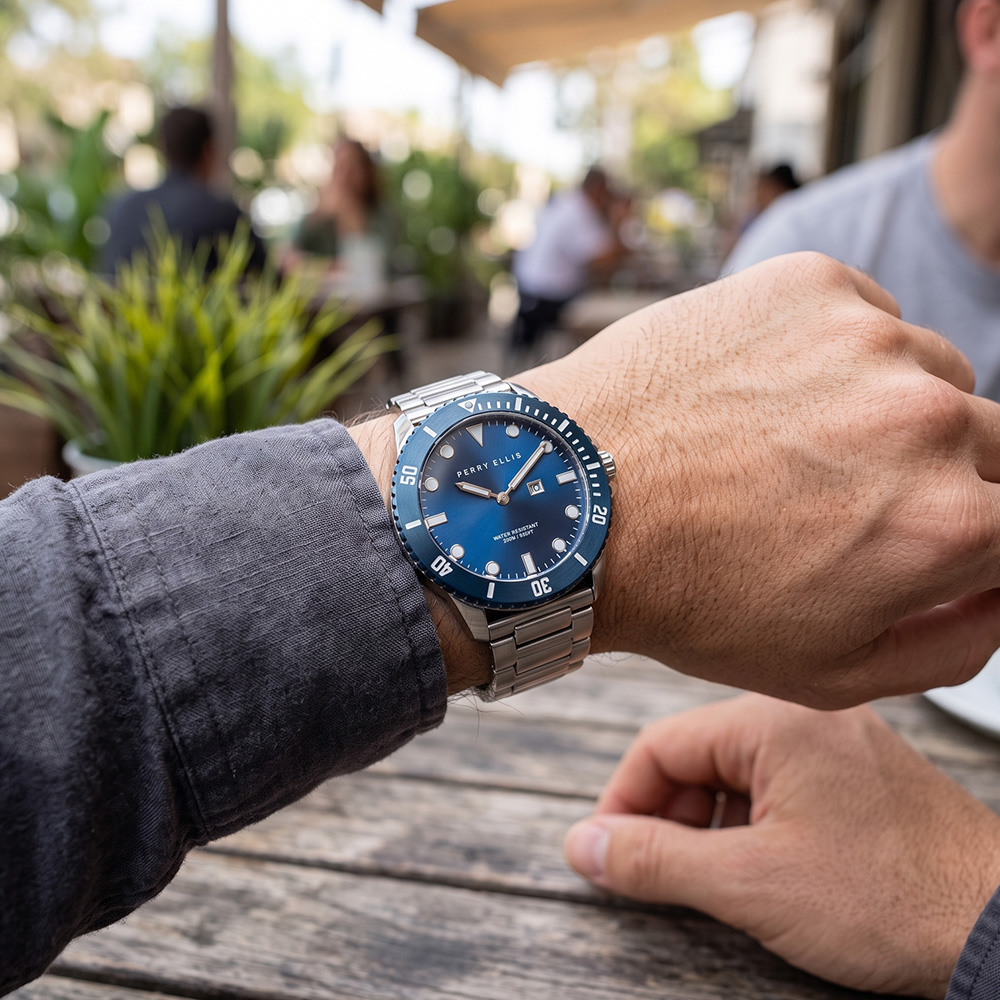 RELOJ PERRY ELLIS DEEP DIVER 46 02006-02 FECHA ACERO INOXIDABLE DIAL AZUL - 3