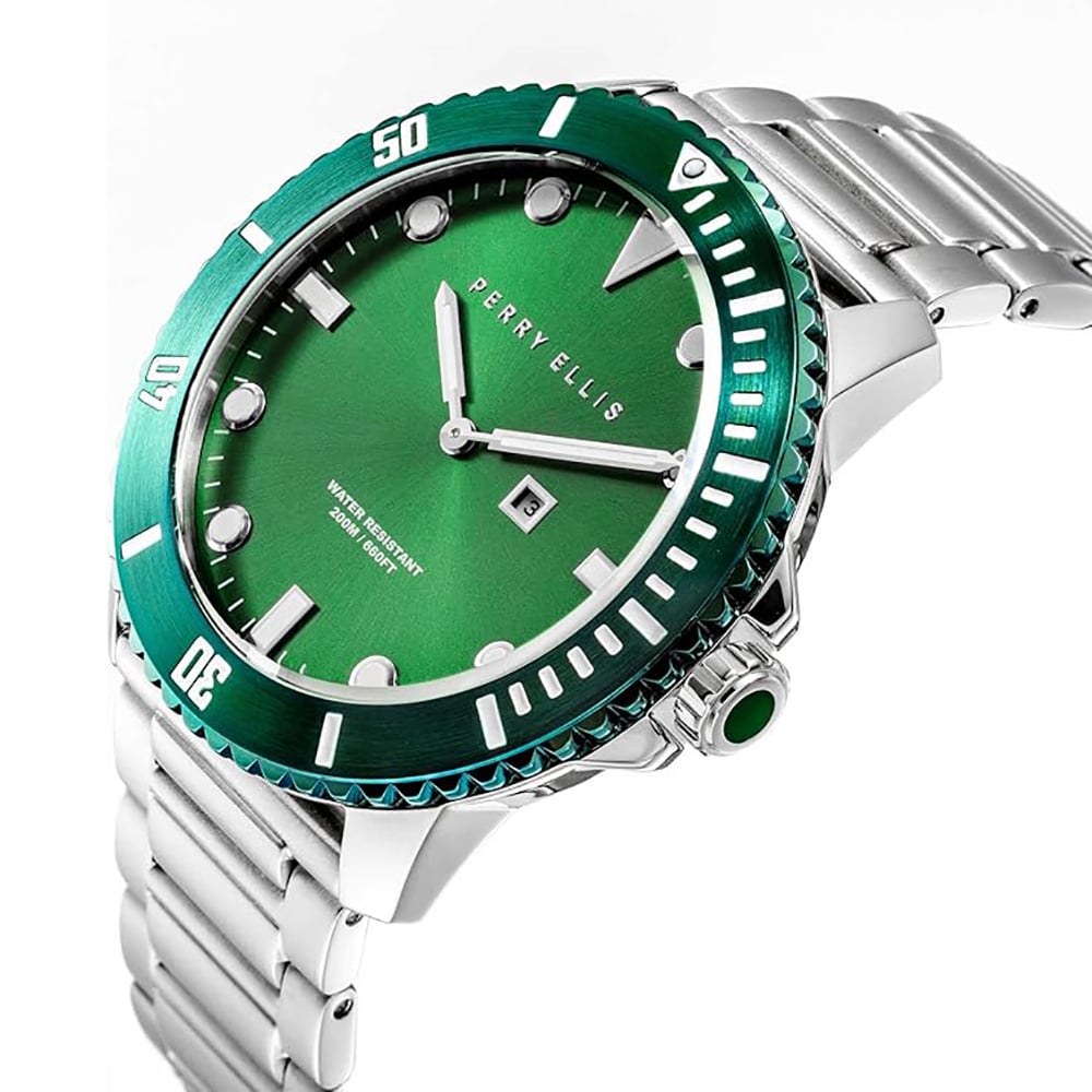 RELOJ PERRY ELLIS DEEP DIVER 46 02007-02 FECHA ACERO INOXIDABLE DIAL VERDE - 2