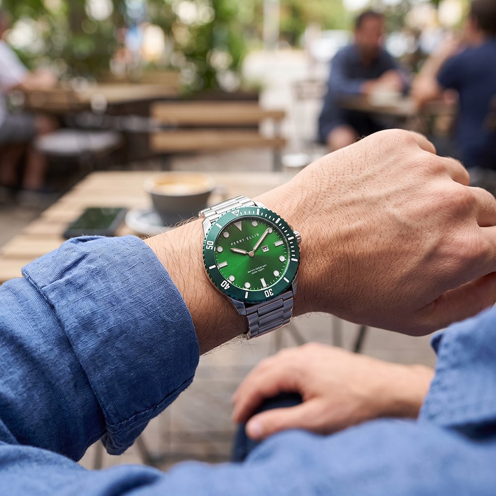 RELOJ PERRY ELLIS DEEP DIVER 46 02007-02 FECHA ACERO INOXIDABLE DIAL VERDE - 3