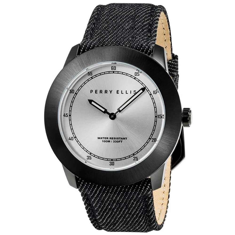 RELOJ PERRY ELLIS NEW SLIM LINE 11004-05 CORREA DE CUERO Y DENIM NEGRO DIAL PLATEADO - 1