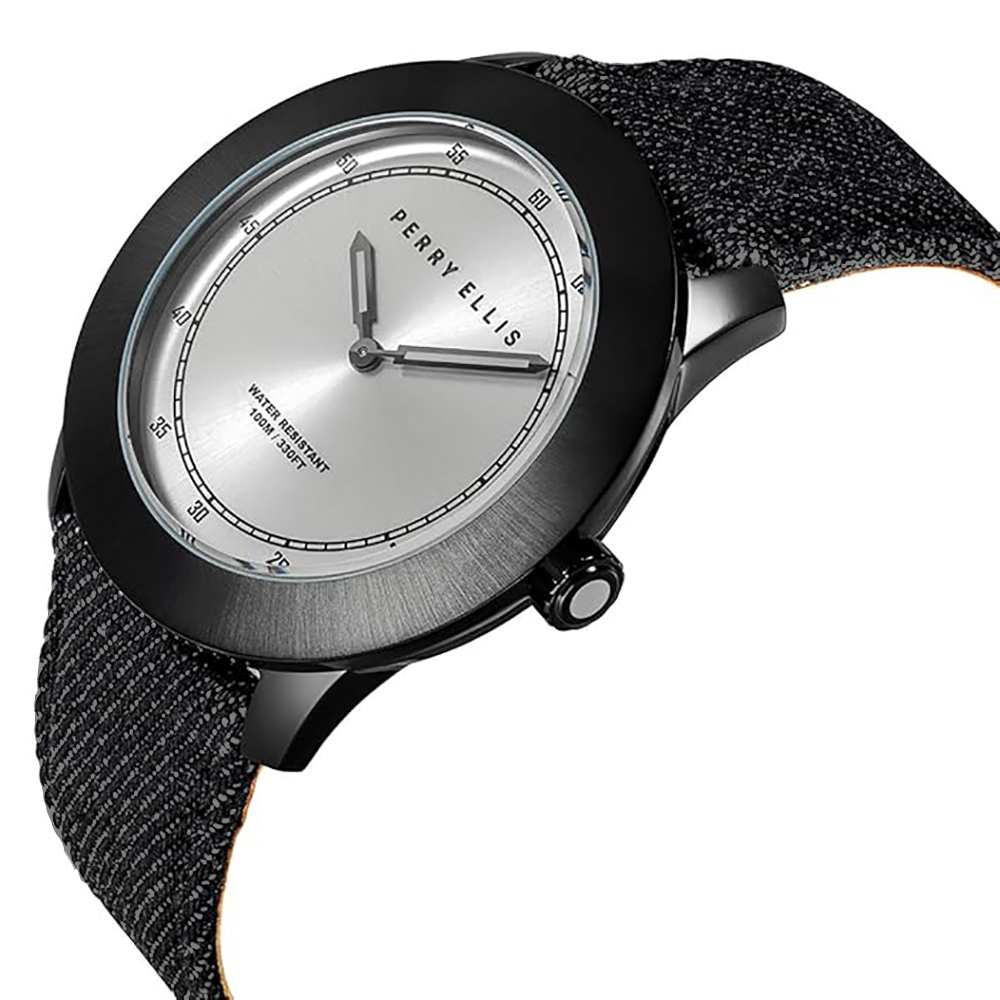 RELOJ PERRY ELLIS NEW SLIM LINE 11004-05 CORREA DE CUERO Y DENIM NEGRO DIAL PLATEADO - 2