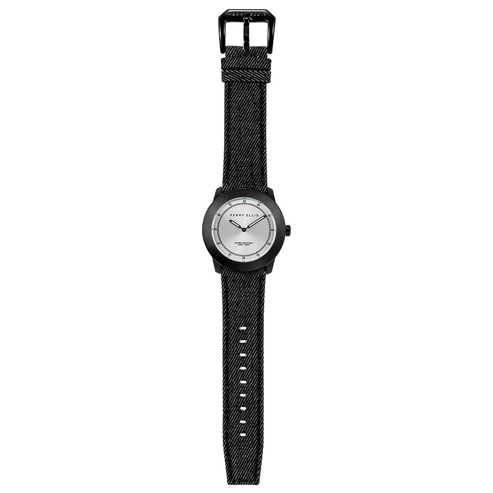 RELOJ PERRY ELLIS NEW SLIM LINE 11004-05 CORREA DE CUERO Y DENIM NEGRO DIAL PLATEADO - 5