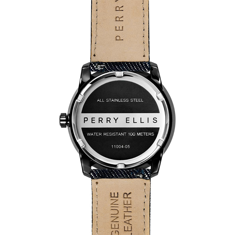 RELOJ PERRY ELLIS NEW SLIM LINE 11004-05 CORREA DE CUERO Y DENIM NEGRO DIAL PLATEADO - 6