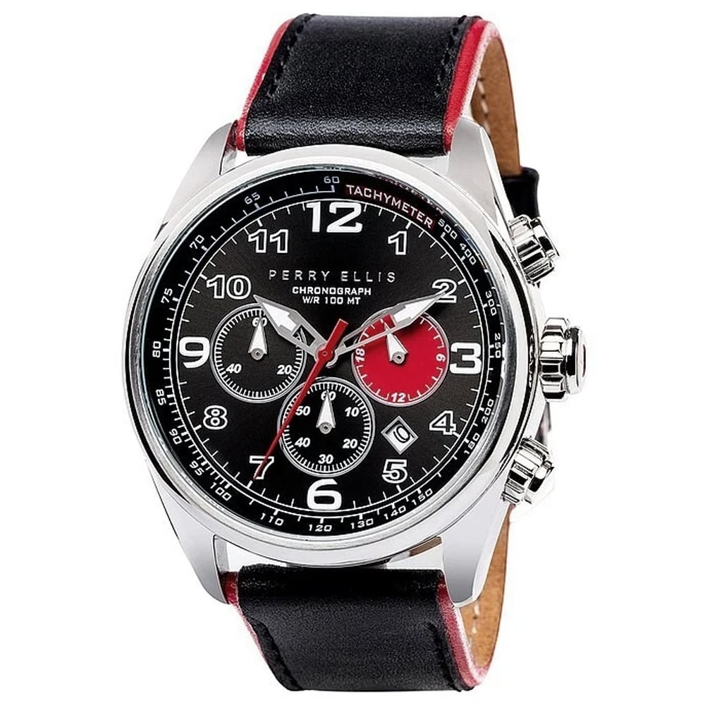 RELOJ PERRY ELLIS GT 01001-01 FECHA CRONÓMETRO CORREA CUERO Y DIAL NEGRO ROJO - 1