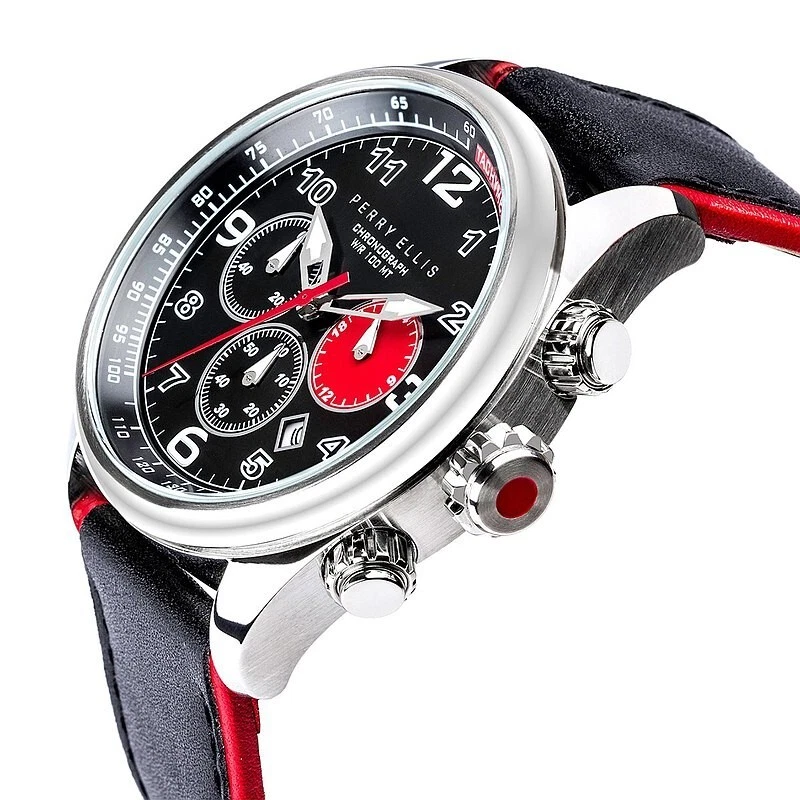 RELOJ PERRY ELLIS GT 01001-01 FECHA CRONÓMETRO CORREA CUERO Y DIAL NEGRO ROJO - 2