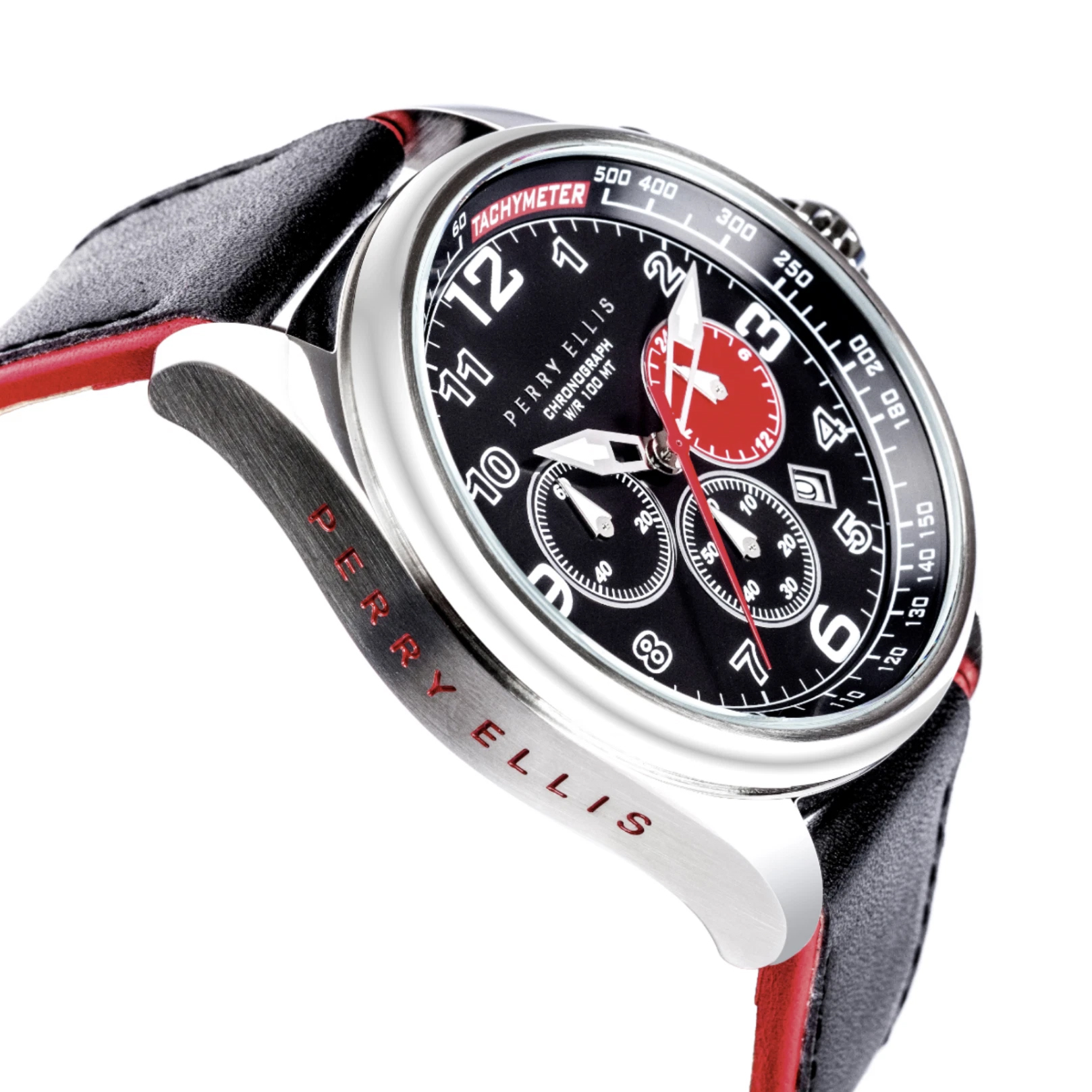 RELOJ PERRY ELLIS GT 01001-01 FECHA CRONÓMETRO CORREA CUERO Y DIAL NEGRO ROJO - 4