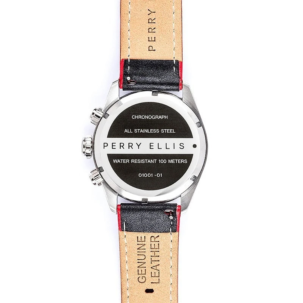 RELOJ PERRY ELLIS GT 01001-01 FECHA CRONÓMETRO CORREA CUERO Y DIAL NEGRO ROJO - 6