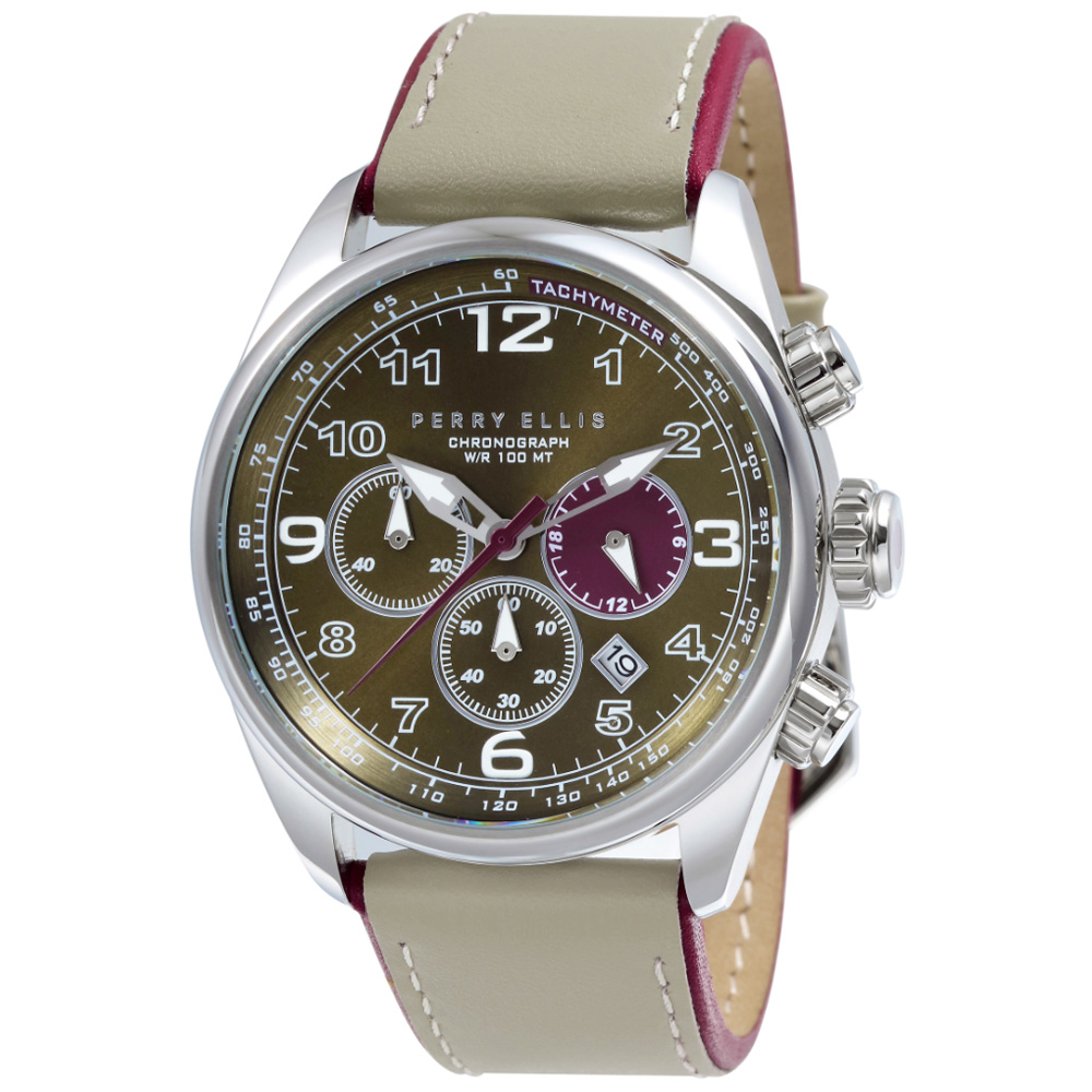 RELOJ PERRY ELLIS GT 01004-01 FECHA CRONÓMETRO CORREA CUERO BEIGE DIAL VERDE - 1