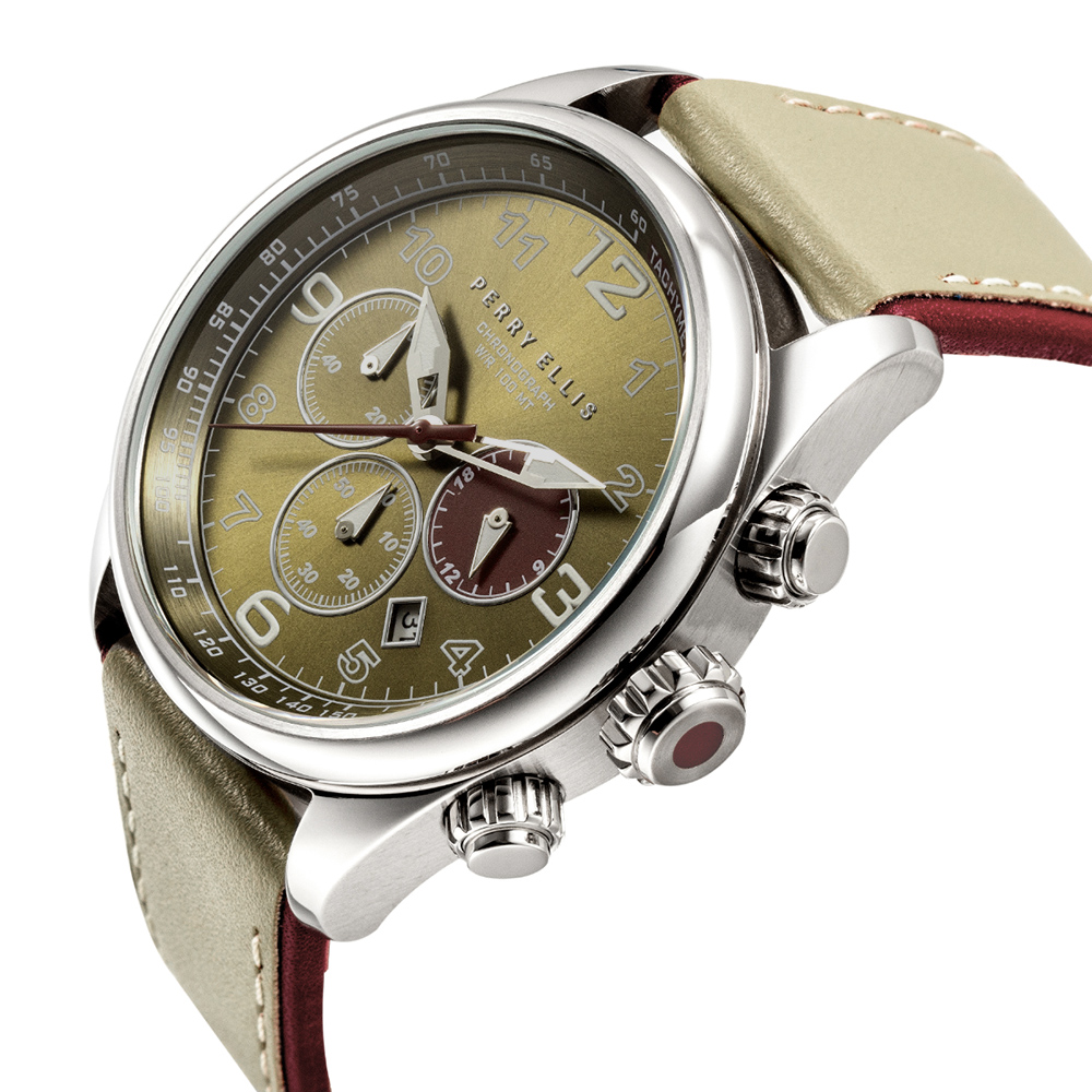 RELOJ PERRY ELLIS GT 01004-01 FECHA CRONÓMETRO CORREA CUERO BEIGE DIAL VERDE - 2