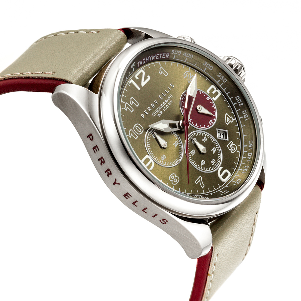 RELOJ PERRY ELLIS GT 01004-01 FECHA CRONÓMETRO CORREA CUERO BEIGE DIAL VERDE - 4