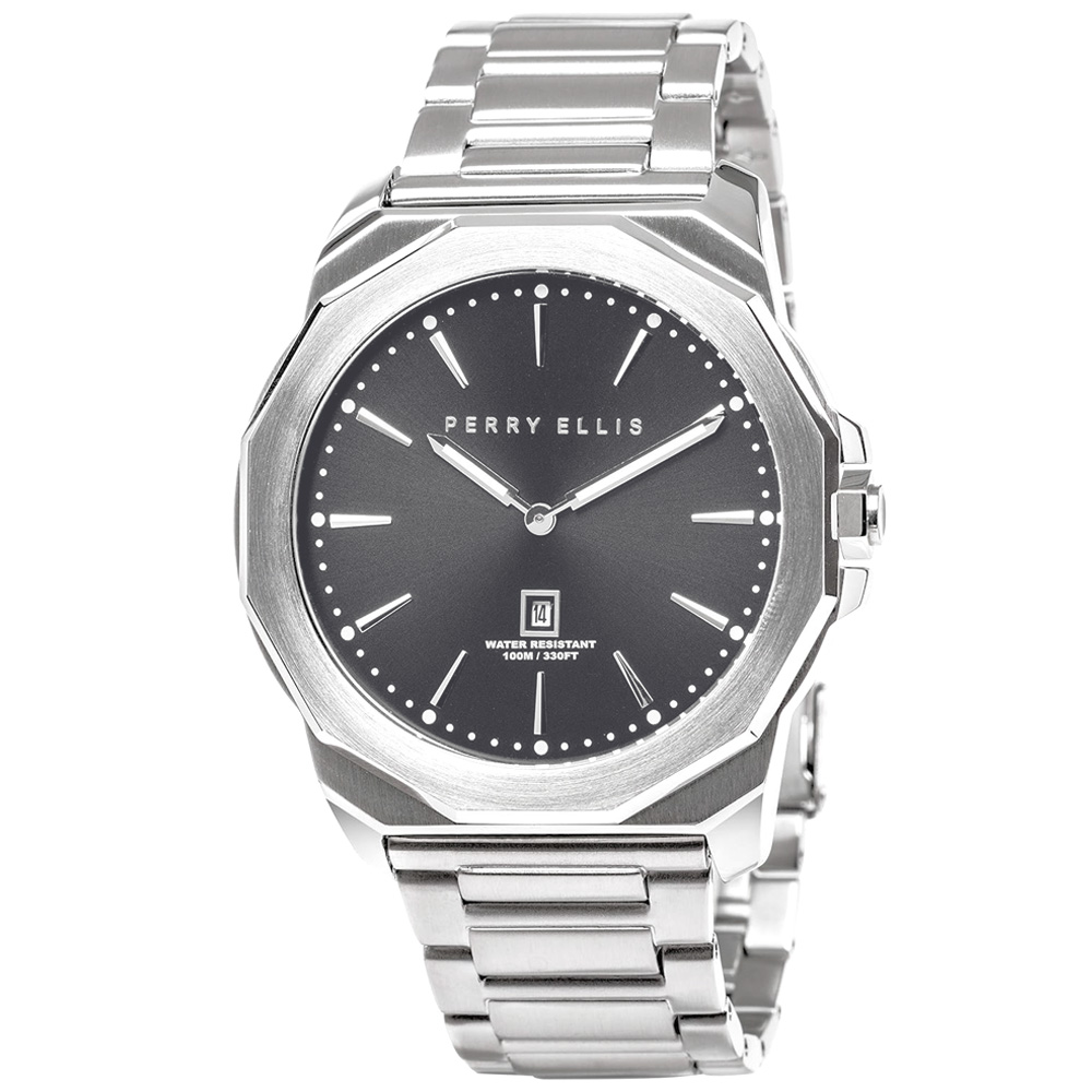 RELOJ PERRY ELLIS DECAGON 46 05001-02 FECHA ACERO INOXIDABLE DIAL GRIS OSCURO - 1