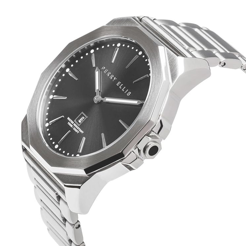 RELOJ PERRY ELLIS DECAGON 46 05001-02 FECHA ACERO INOXIDABLE DIAL GRIS OSCURO - 2