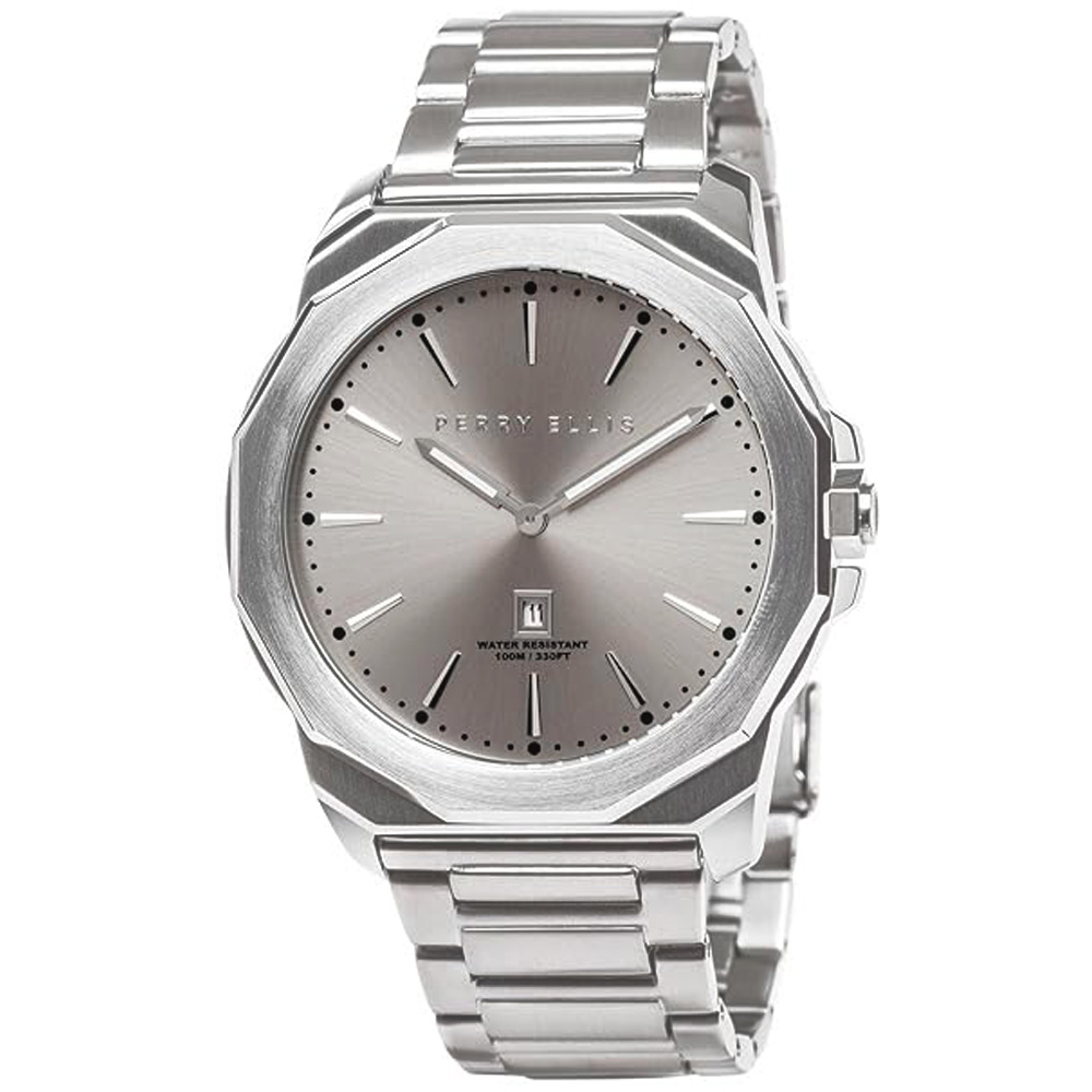 RELOJ PERRY ELLIS DECAGON 46 05003-02 FECHA ACERO INOXIDABLE DIAL GRIS - 1