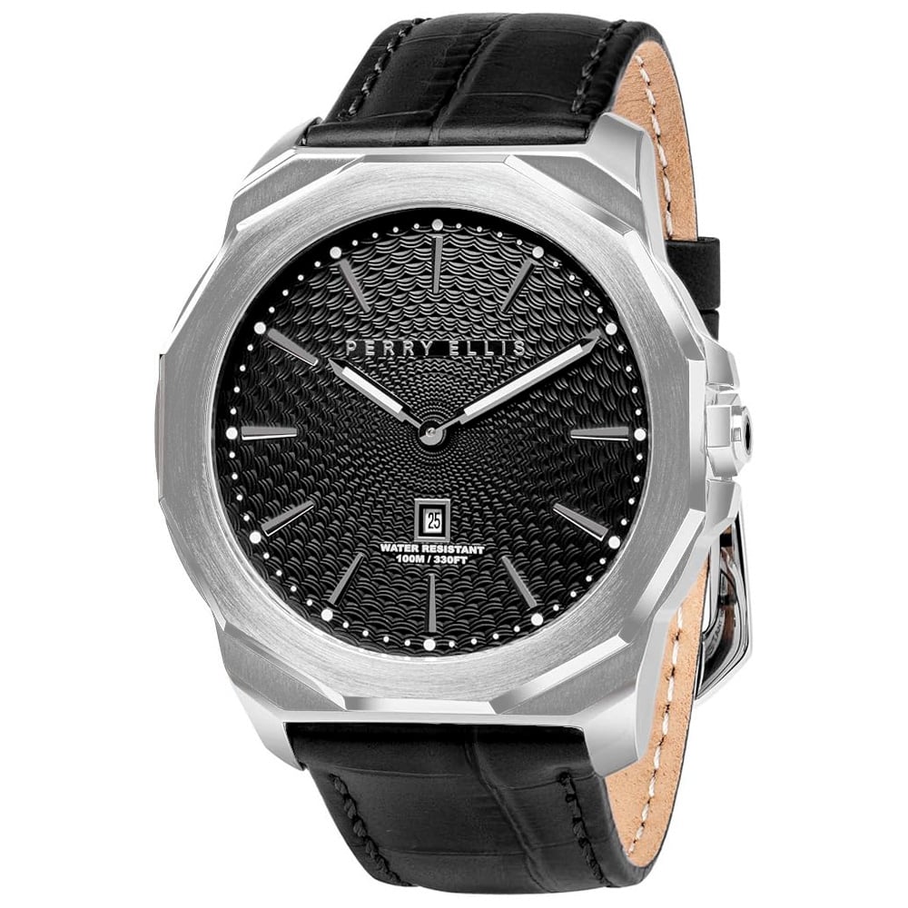 RELOJ PERRY ELLIS DECAGON 46 05002-01 FECHA CORREA CUERO Y DIAL NEGRO - 1