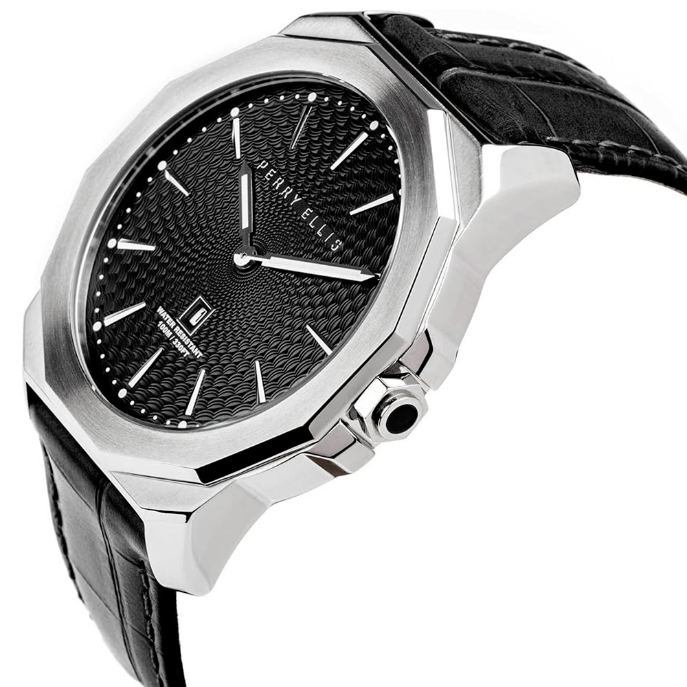 RELOJ PERRY ELLIS DECAGON 46 05002-01 FECHA CORREA CUERO Y DIAL NEGRO - 2