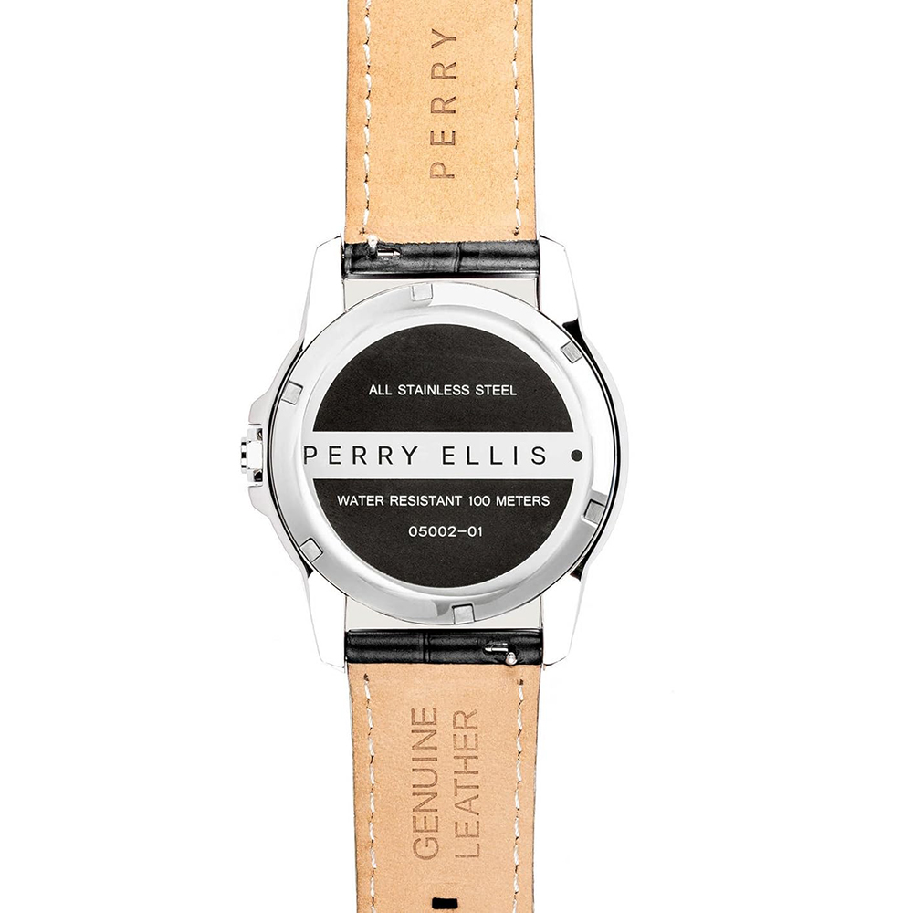 RELOJ PERRY ELLIS DECAGON 46 05002-01 FECHA CORREA CUERO Y DIAL NEGRO - 6