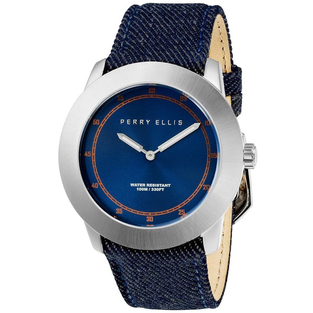 RELOJ PERRY ELLIS NEW SLIM LINE 11001-05 CORREA DE CUERO Y DENIM DIAL AZUL - 1