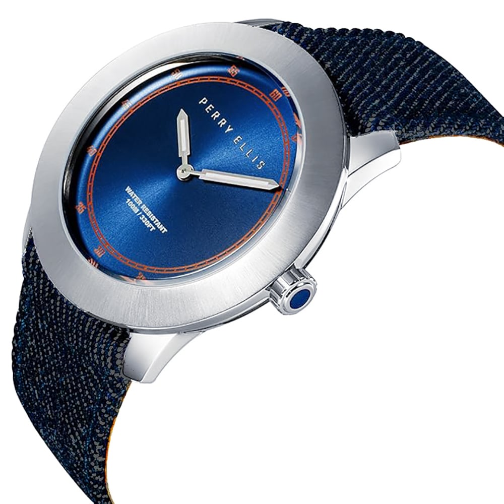RELOJ PERRY ELLIS NEW SLIM LINE 11001-05 CORREA DE CUERO Y DENIM DIAL AZUL - 2