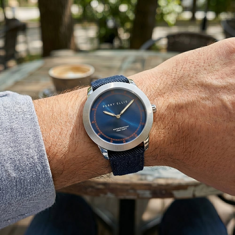 RELOJ PERRY ELLIS NEW SLIM LINE 11001-05 CORREA DE CUERO Y DENIM DIAL AZUL - 3