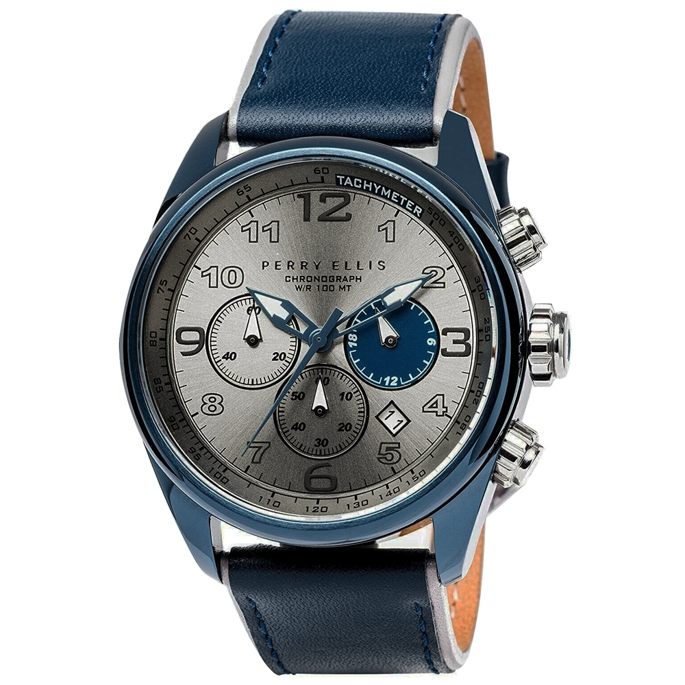 RELOJ PERRY ELLIS GT 01005-01 FECHA CRONÓMETRO CORREA CUERO AZUL DIAL GRIS - 1