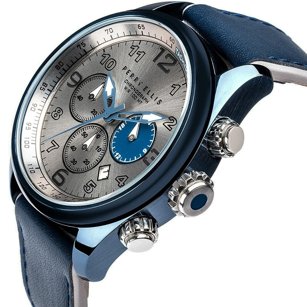 RELOJ PERRY ELLIS GT 01005-01 FECHA CRONÓMETRO CORREA CUERO AZUL DIAL GRIS - 2