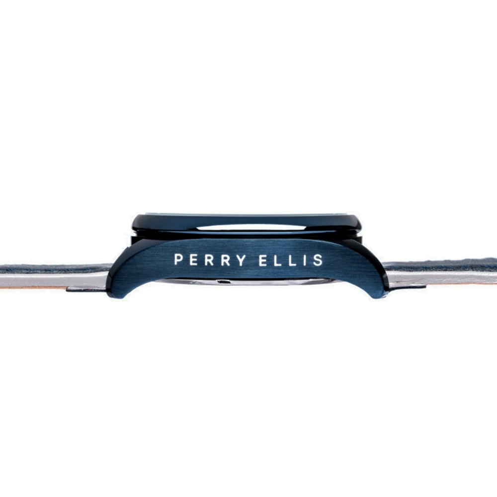 RELOJ PERRY ELLIS GT 01005-01 FECHA CRONÓMETRO CORREA CUERO AZUL DIAL GRIS - 4
