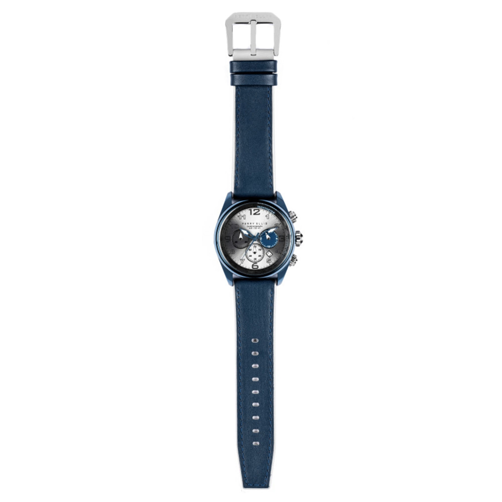 RELOJ PERRY ELLIS GT 01005-01 FECHA CRONÓMETRO CORREA CUERO AZUL DIAL GRIS - 5