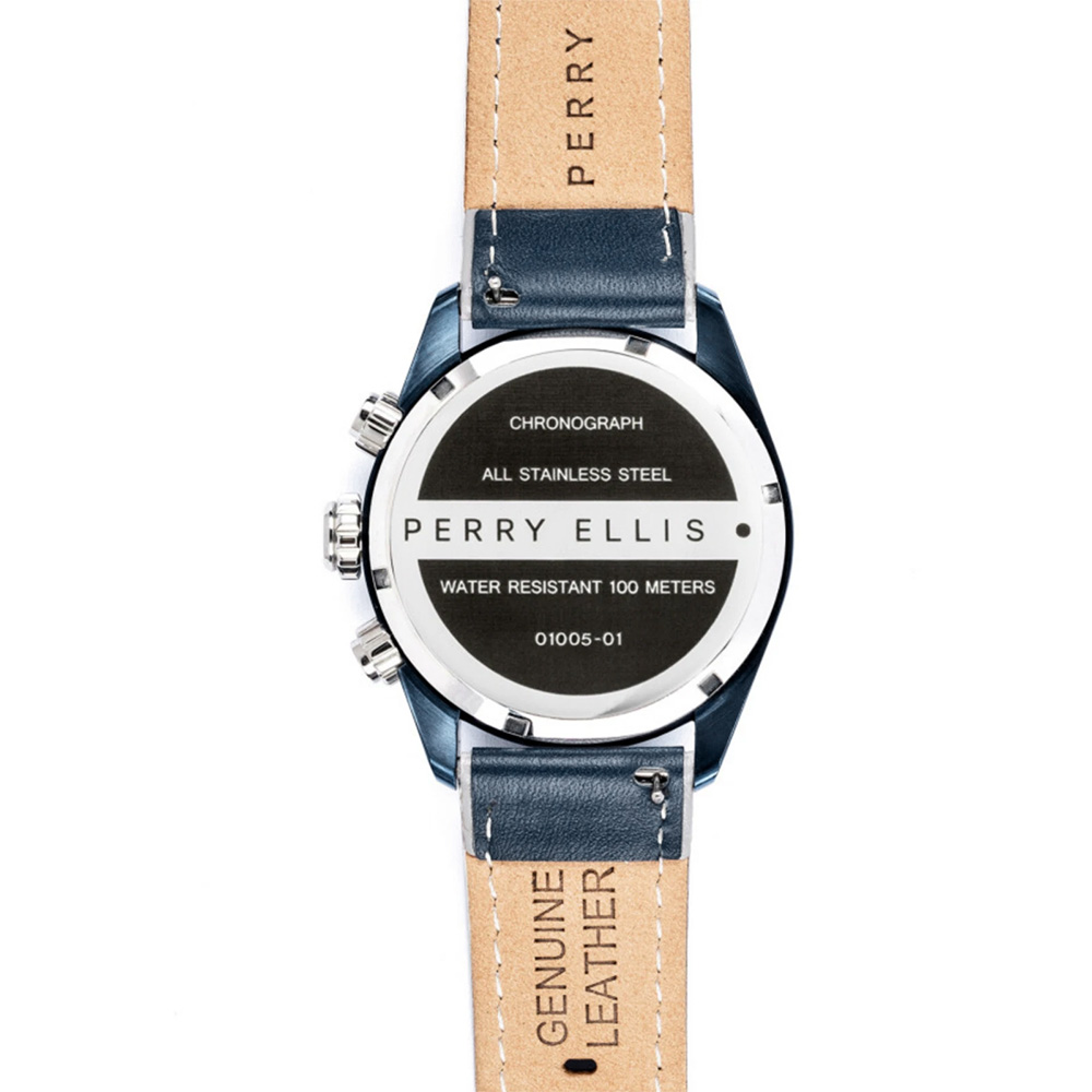 RELOJ PERRY ELLIS GT 01005-01 FECHA CRONÓMETRO CORREA CUERO AZUL DIAL GRIS - 6