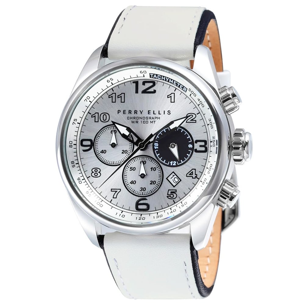 RELOJ PERRY ELLIS GT 01007-01 FECHA CRONÓMETRO CORREA CUERO BLANCO DIAL PLATEADO - 1
