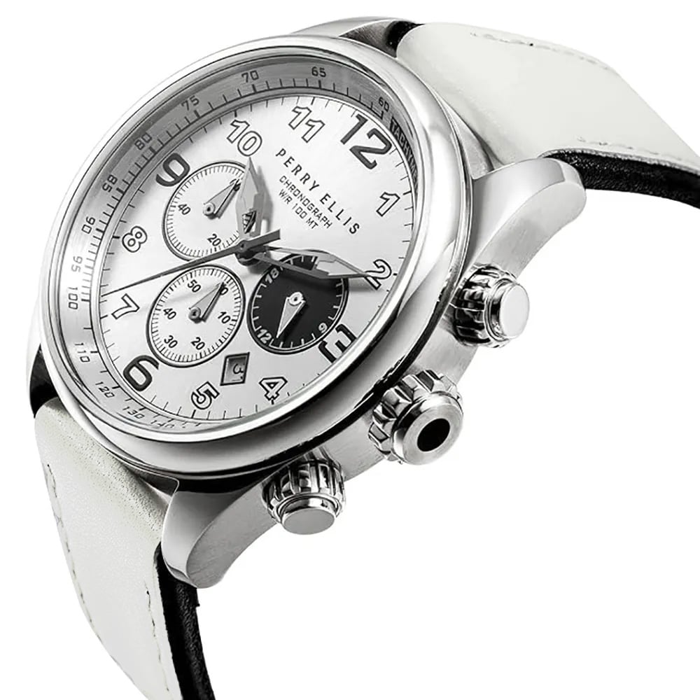 RELOJ PERRY ELLIS GT 01007-01 FECHA CRONÓMETRO CORREA CUERO BLANCO DIAL PLATEADO - 2