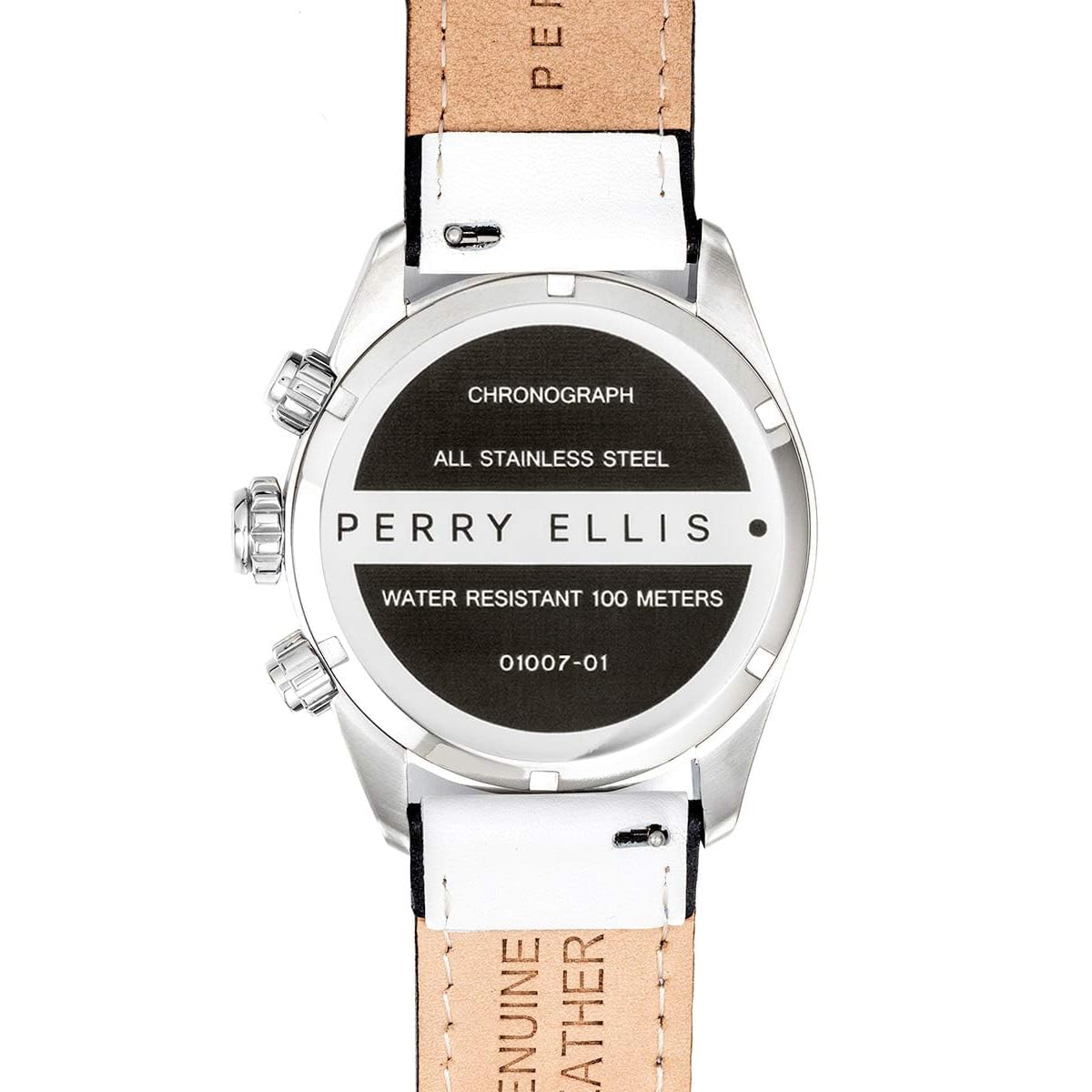 RELOJ PERRY ELLIS GT 01007-01 FECHA CRONÓMETRO CORREA CUERO BLANCO DIAL PLATEADO - 5