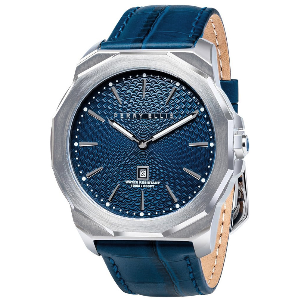 RELOJ PERRY ELLIS DECAGON 46 05001-01 FECHA CORREA DE CUERO Y DIAL AZUL - 1