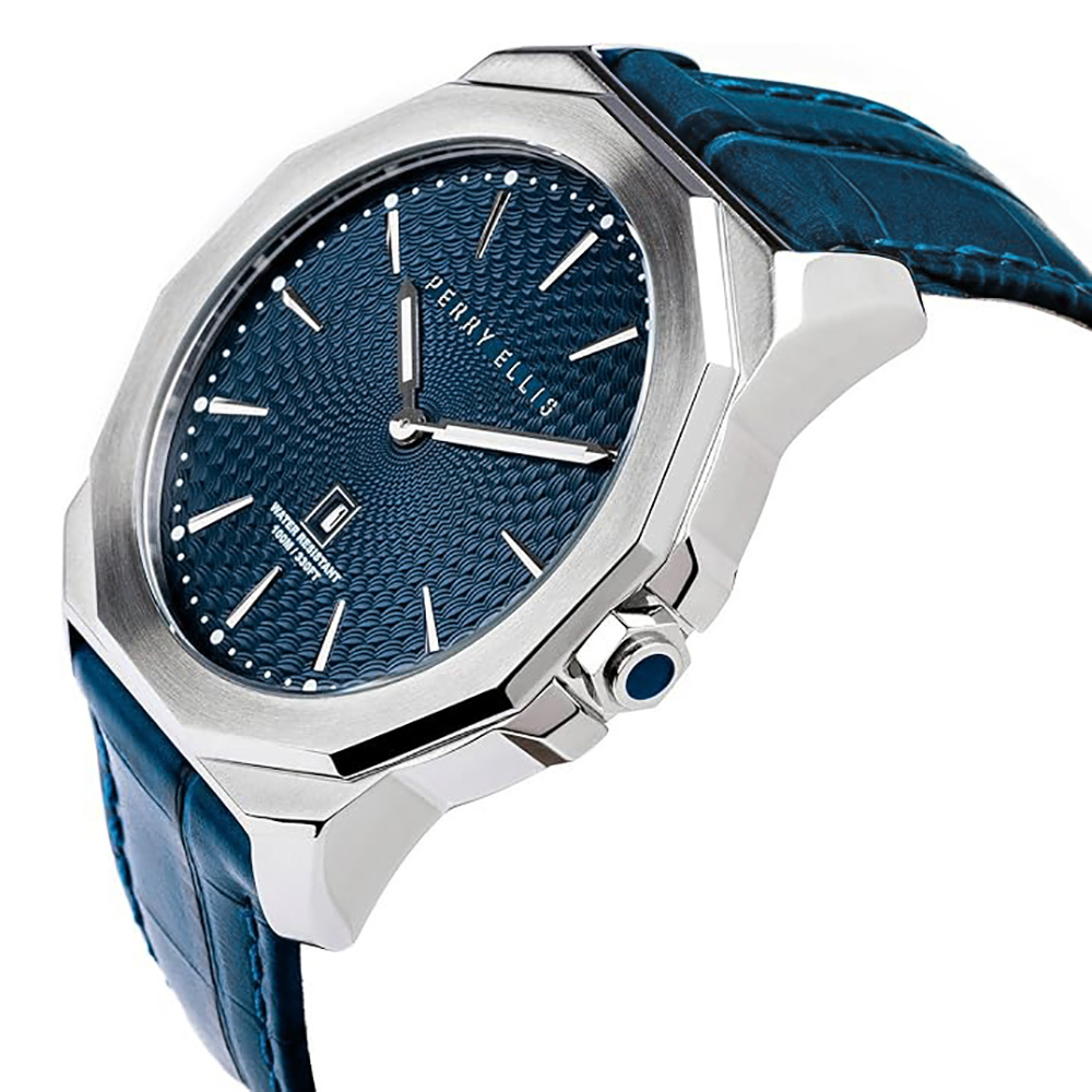 RELOJ PERRY ELLIS DECAGON 46 05001-01 FECHA CORREA DE CUERO Y DIAL AZUL - 2
