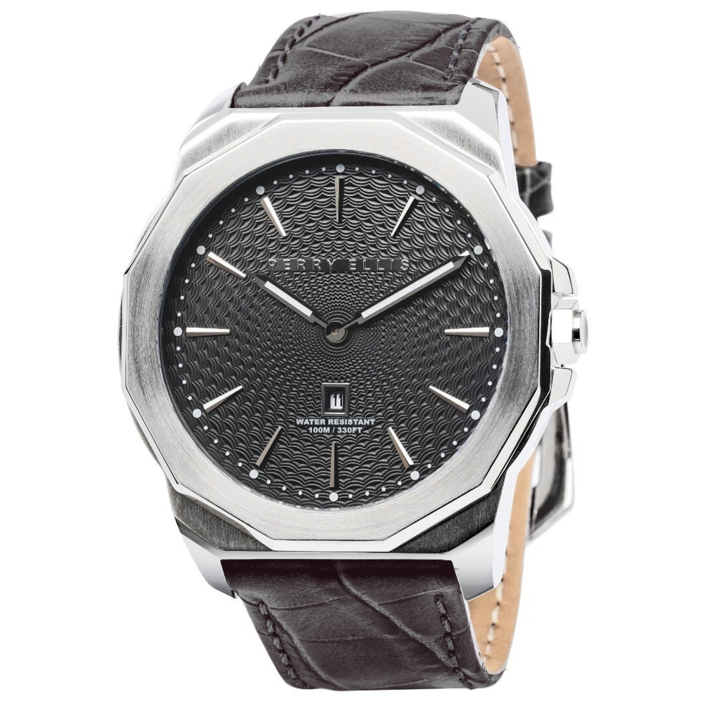RELOJ PERRY ELLIS DECAGON 46 05005-01 FECHA CORREA DE CUERO MARRÓN DIAL GRIS OSCURO - 1